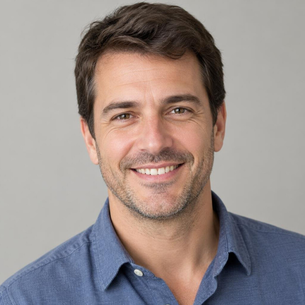 Portrait of a man with short hair smiling